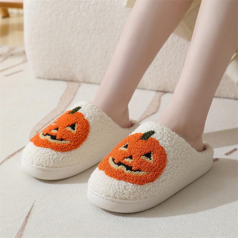 Slippers for Women Comfy Faux Fur Lined Skull Pumpkin Plush Slippers Antislip House Shoes Plush Bedroom Flat Slides Walking Shoes Footwear Flipflop