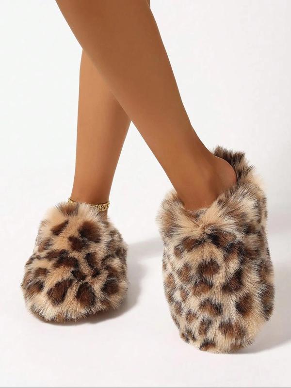 Women's Leopard Pattern Fluffy Slippers, Casual Soft Comfortable Home Slippers, Non-slip Warm Slippers for Indoor & Outdoor Use for Fall & Winter