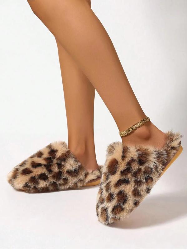 Women's Leopard Pattern Fluffy Slippers, Casual Soft Comfortable Home Slippers, Non-slip Warm Slippers for Indoor & Outdoor Use for Fall & Winter