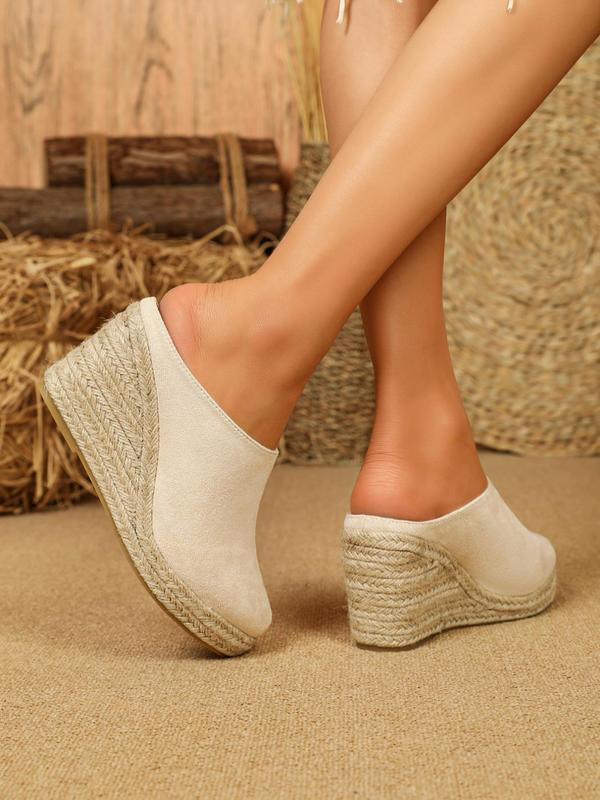 Women's Summer 2024 Casual Solid Color Wedge Sandals, Fashionable Slip on Flannel Espadrille Wedge Sandals for Beach, Female Casual Mule Shoes for Daily Used