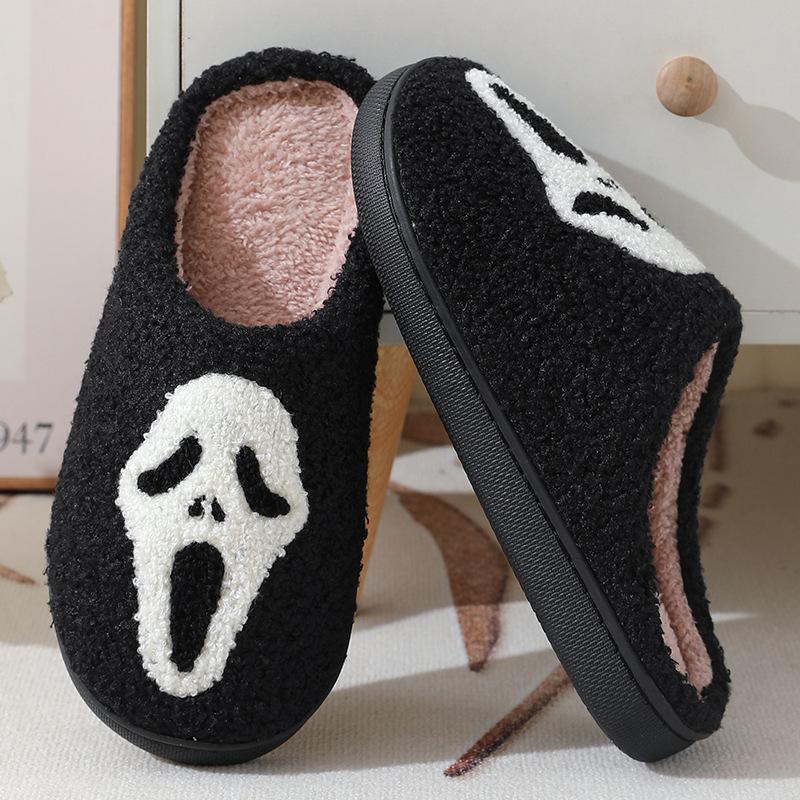 Slippers for Women Comfy Faux Fur Lined Skull Pumpkin Plush Slippers Antislip House Shoes Plush Bedroom Flat Slides Walking Shoes Footwear Flipflop