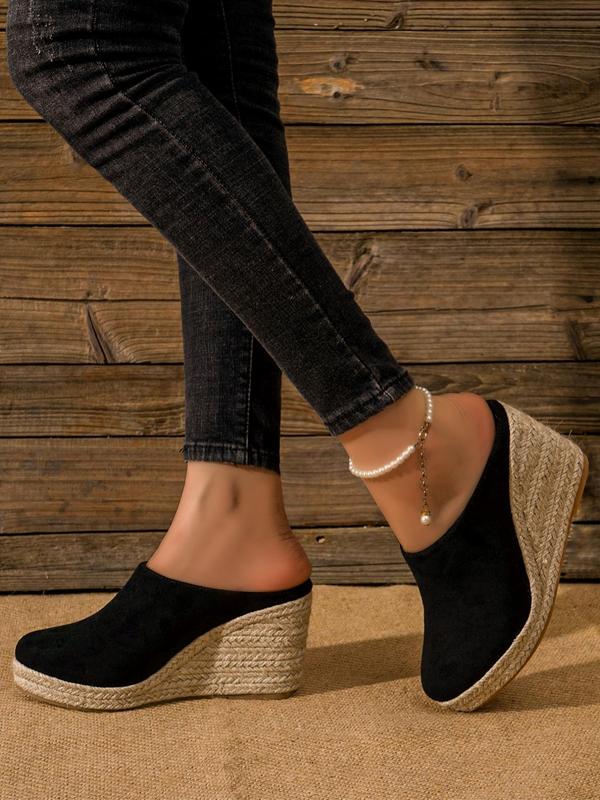 Women's Summer 2024 Casual Solid Color Wedge Sandals, Fashionable Slip on Flannel Espadrille Wedge Sandals for Beach, Female Casual Mule Shoes for Daily Used