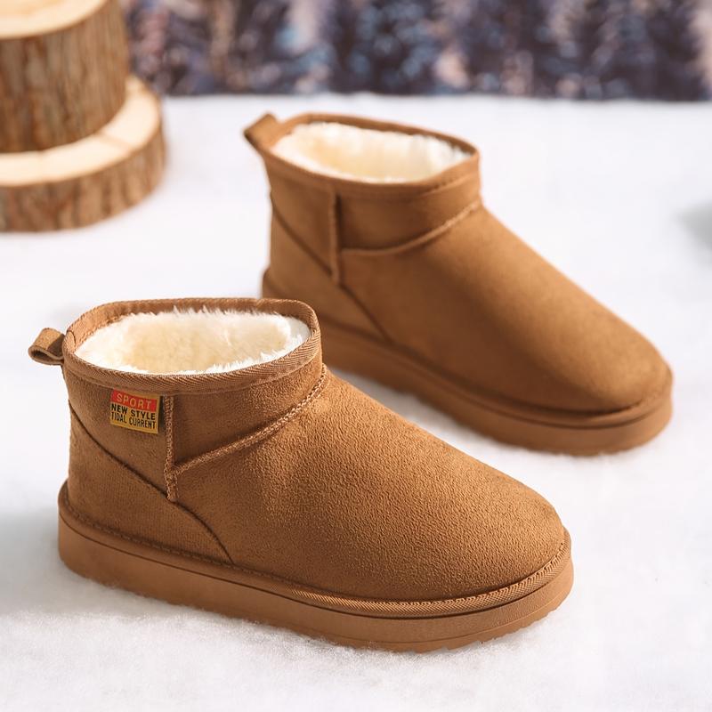 A Neutral Solid Color Snow Boots with round Toe Design, Lined with Warm Corduroy, Insole Is Flannel, Rubber Sole, Bringing a Comfortable Experience in Winter