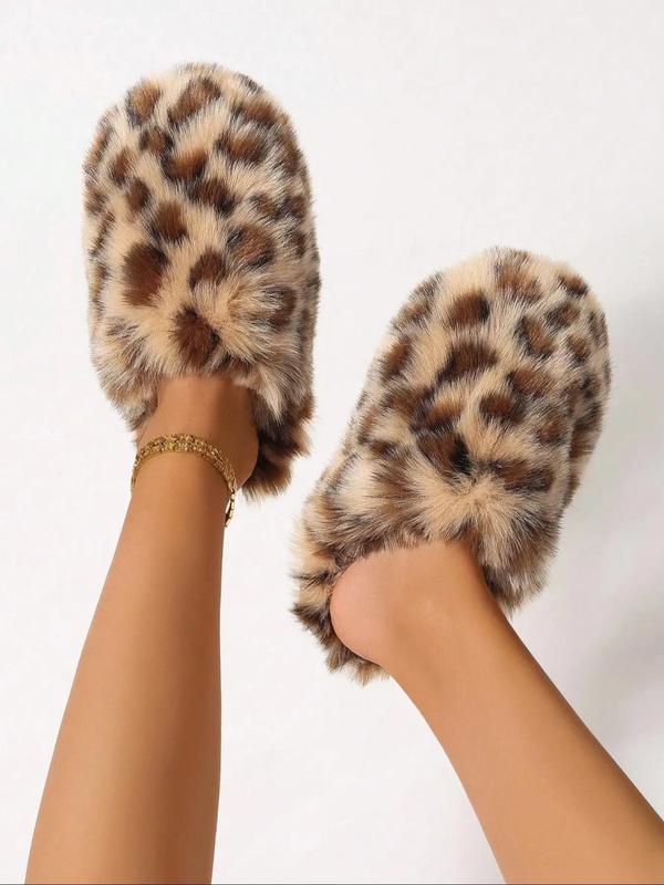 Women's Leopard Pattern Fluffy Slippers, Casual Soft Comfortable Home Slippers, Non-slip Warm Slippers for Indoor & Outdoor Use for Fall & Winter