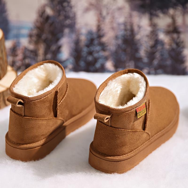 A Neutral Solid Color Snow Boots with round Toe Design, Lined with Warm Corduroy, Insole Is Flannel, Rubber Sole, Bringing a Comfortable Experience in Winter