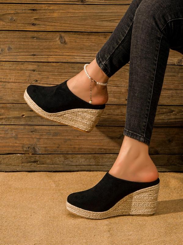 Women's Summer 2024 Casual Solid Color Wedge Sandals, Fashionable Slip on Flannel Espadrille Wedge Sandals for Beach, Female Casual Mule Shoes for Daily Used