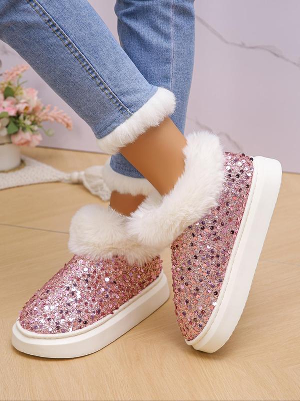 Women's Fashionable Contrast Sequin Design Plush Lining Slippers, Casual Soft Comfortable Home Slippers, Warm Slippers for Indoor & Outdoor Use for Fall & Winter