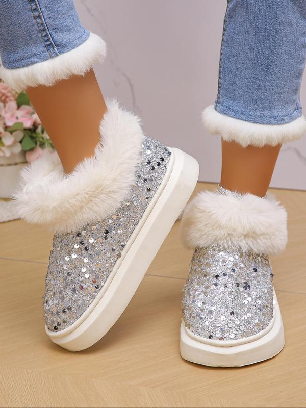 Women's Fashionable Contrast Sequin Design Plush Lining Slippers, Casual Soft Comfortable Home Slippers, Warm Slippers for Indoor & Outdoor Use for Fall & Winter