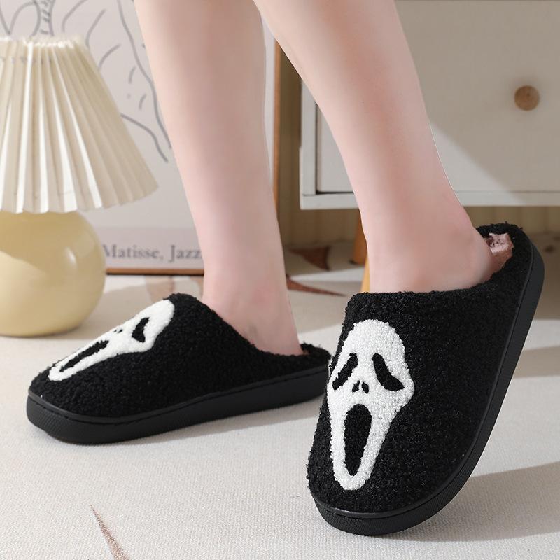 Slippers for Women Comfy Faux Fur Lined Skull Pumpkin Plush Slippers Antislip House Shoes Plush Bedroom Flat Slides Walking Shoes Footwear Flipflop