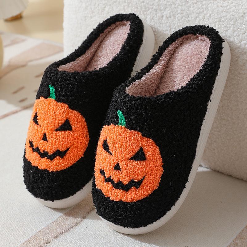 Slippers for Women Comfy Faux Fur Lined Skull Pumpkin Plush Slippers Antislip House Shoes Plush Bedroom Flat Slides Walking Shoes Footwear Flipflop