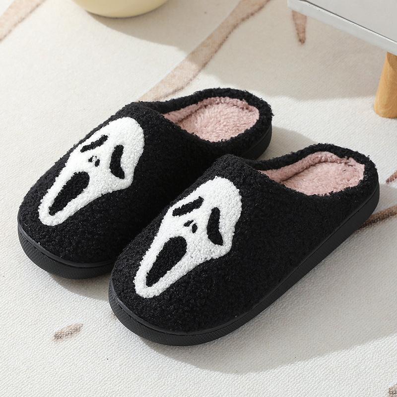 Slippers for Women Comfy Faux Fur Lined Skull Pumpkin Plush Slippers Antislip House Shoes Plush Bedroom Flat Slides Walking Shoes Footwear Flipflop