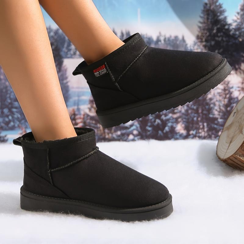 A Neutral Solid Color Snow Boots with round Toe Design, Lined with Warm Corduroy, Insole Is Flannel, Rubber Sole, Bringing a Comfortable Experience in Winter