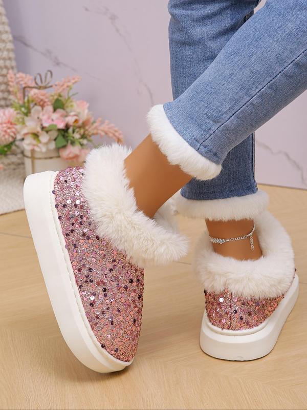 Women's Fashionable Contrast Sequin Design Plush Lining Slippers, Casual Soft Comfortable Home Slippers, Warm Slippers for Indoor & Outdoor Use for Fall & Winter