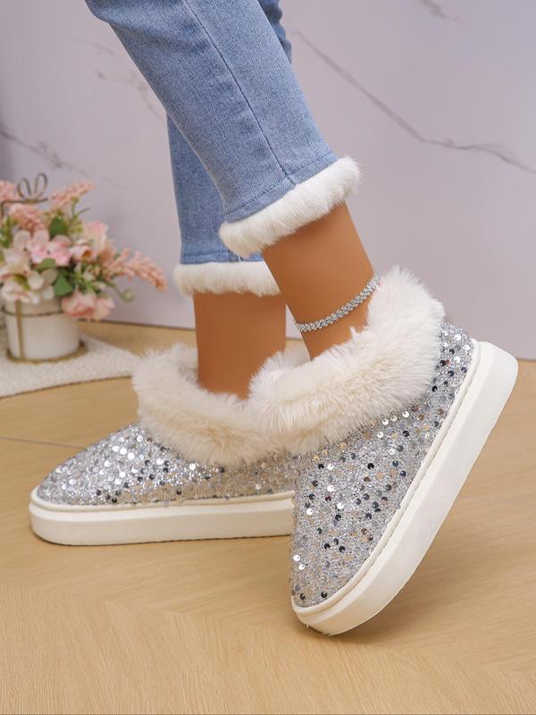 Women's Fashionable Contrast Sequin Design Plush Lining Slippers, Casual Soft Comfortable Home Slippers, Warm Slippers for Indoor & Outdoor Use for Fall & Winter