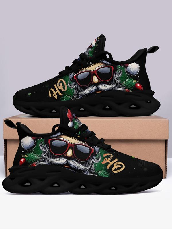 Men's Fashionable Christmas Theme Santa Claus & Bell Print Sneakers, Breathable Blade Sole Sports Running Shoes, Male All-match Round Toe Shoes for Daily Wear