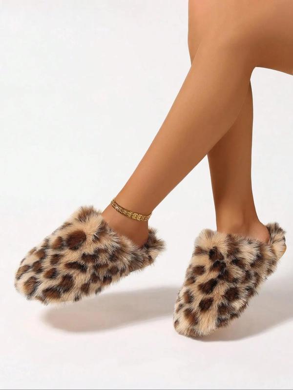 Women's Leopard Pattern Fluffy Slippers, Casual Soft Comfortable Home Slippers, Non-slip Warm Slippers for Indoor & Outdoor Use for Fall & Winter