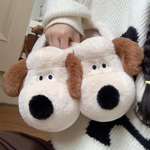 Cute plush slippers, featuring kawaii grids, black and white pumpkins, skulls, cows, smiling faces, and dog slippers.  Women Girl