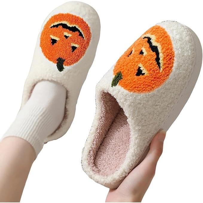 Cute plush slippers, featuring kawaii grids, black and white pumpkins, skulls, cows, smiling faces, and dog slippers.  Women Girl