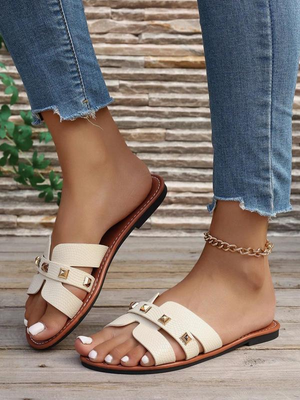 Women's Fashionable Rivet Decorated Slide Sandals, Casual Comfortable Flat Sandals for Beach, Fashionable Shoes for Daily Wear