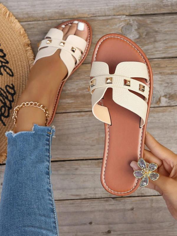 Women's Fashionable Rivet Decorated Slide Sandals, Casual Comfortable Flat Sandals for Beach, Fashionable Shoes for Daily Wear