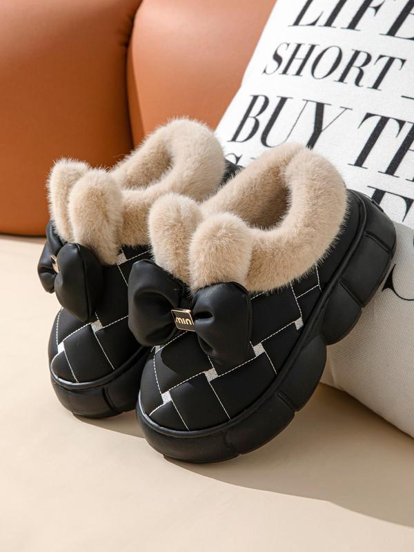 Women's Cute Bowknot Design Plush Lined Slipper Boots, Casual Soft Comfortable Home Slippers, Thick Sole Waterproof Warm Shoes for Indoor & Outdoor Use for Fall & Winter Fluffy Slippers