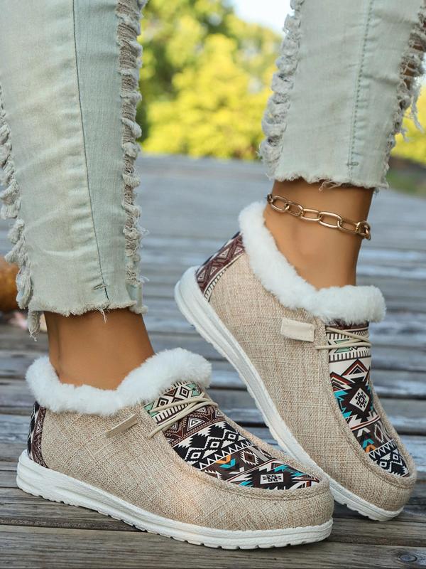 Lace Up Low Top Colorblock Ethnic Pattern Designer Sneakers, Women's Sneakers, Casual Warm Sports Shoes for Winter, Female All-match Round Toe Shoes for Daily Wear, Birthday Gifts