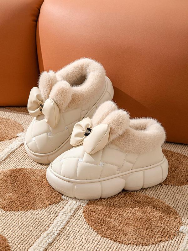 Women's Cute Bowknot Design Plush Lined Slipper Boots, Casual Soft Comfortable Home Slippers, Thick Sole Waterproof Warm Shoes for Indoor & Outdoor Use for Fall & Winter Fluffy Slippers