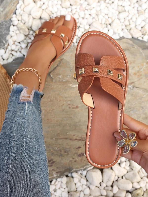 Women's Fashionable Rivet Decorated Slide Sandals, Casual Comfortable Flat Sandals for Beach, Fashionable Shoes for Daily Wear