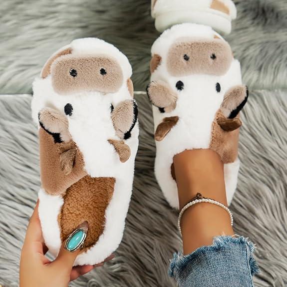 Cozy Unisex Cow Slippers - Soft, chunky, warm, plush animal slippers with fur for indoor and outdoor use - Perfect for cold winter days, house slippers, and gifts!