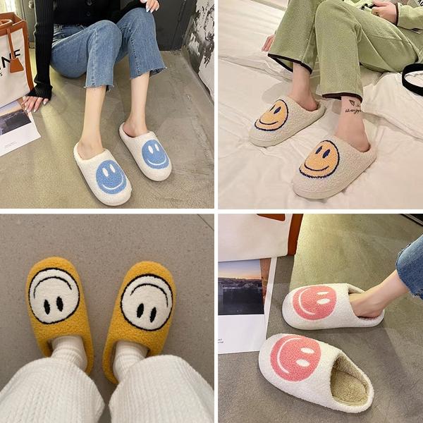 Smile Face Plush Slippers - Causal Soft Retro Fuzzy Home Slippers Non-Slip Soles, Perfect for Indoor Use  Girl Women Footwear Classic Flipflop winter indoor outdoor slipper