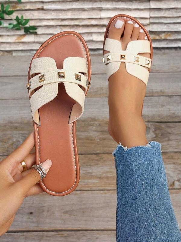 Women's Fashionable Rivet Decorated Slide Sandals, Casual Comfortable Flat Sandals for Beach, Fashionable Shoes for Daily Wear