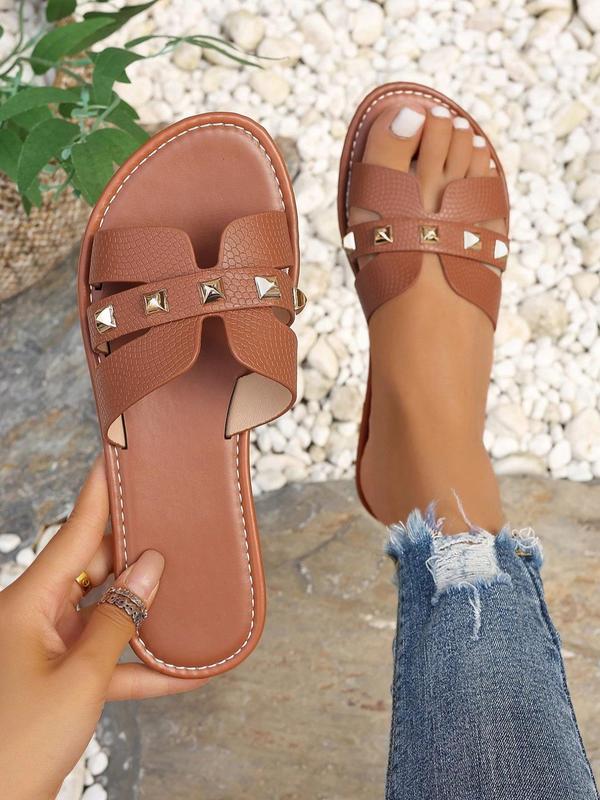 Women's Fashionable Rivet Decorated Slide Sandals, Casual Comfortable Flat Sandals for Beach, Fashionable Shoes for Daily Wear