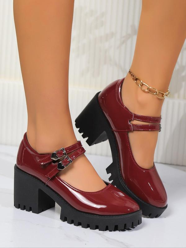 Women's Fashionable Solid Color Double Ankle Strap Platform Mary Janes Pumps, Punk Style Round Toe Chunky Heeled Mary Janes Pumps for Daily Wear