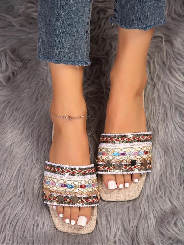 Women's Boho Style Ethnic Pattern Slip on Flat Sandals, Casual Square Toe Sandals for Summer, Luxury Designer Slide Sandals for Beach Vacation, Walking Shoes