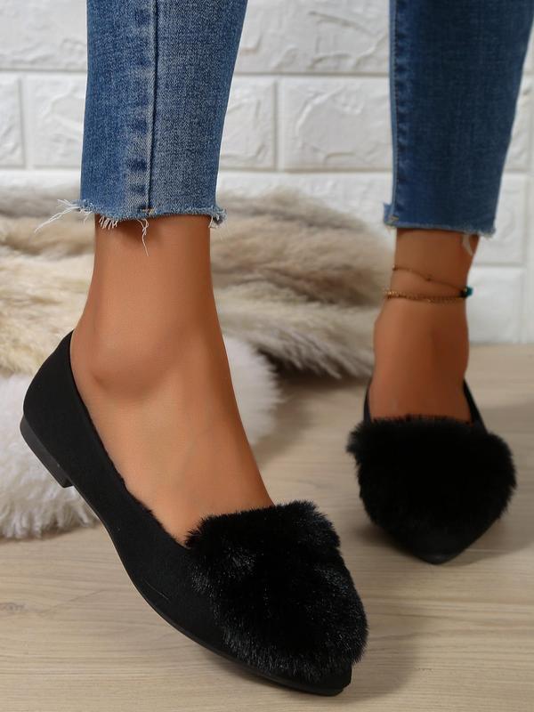 Women's 1 Pair Solid Color Fluffy Flats, Fashionable Pointed Toe Flat Shoes for Daily Wear, Warm Women's Plush Shoes for Winter