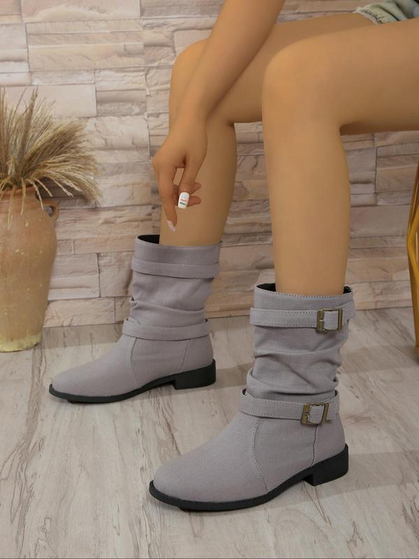 Women's Fashionable Solid Color Belted Design Boots, Casual Comfortable Round Toe Boots for Fall & Winter, Female All-match Trendy Shoes for Daily Wear