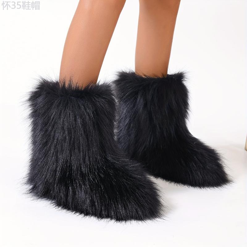 Trendy Colorful Fluffy Furry Snow Boots - Insulated Winter Thermal Slip-Ons for Ultra-Comfy All-Weather Wear - Stylish Mid Calf Flat Sole Boots for Fashion Forward Outfits Footwear Girl Women Walking Shoes Comfort Knee