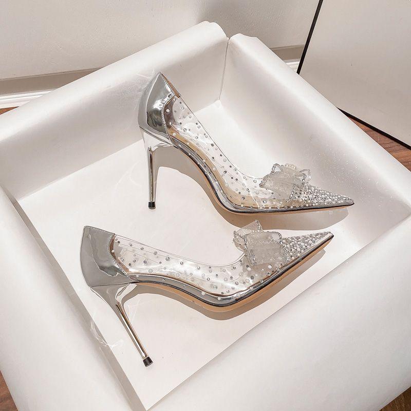 Fashion Casual New Style Crystal Transparent High Heels Women's Stiletto Heel Butterfly Rhinestone Pointed Toe Shoes Women's Wedding Shoes Trendy All-Match Footwear Classy Walking Shoes Girl