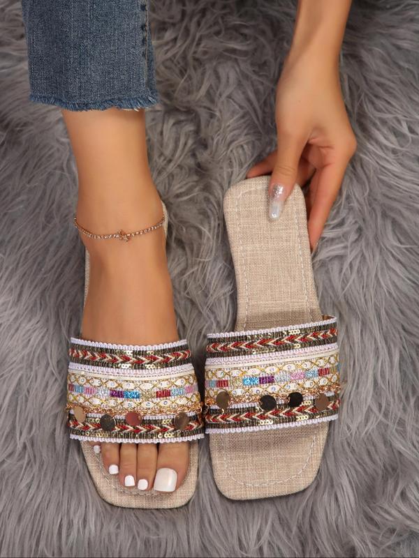 Women's Boho Style Ethnic Pattern Slip on Flat Sandals, Casual Square Toe Sandals for Summer, Luxury Designer Slide Sandals for Beach Vacation, Walking Shoes