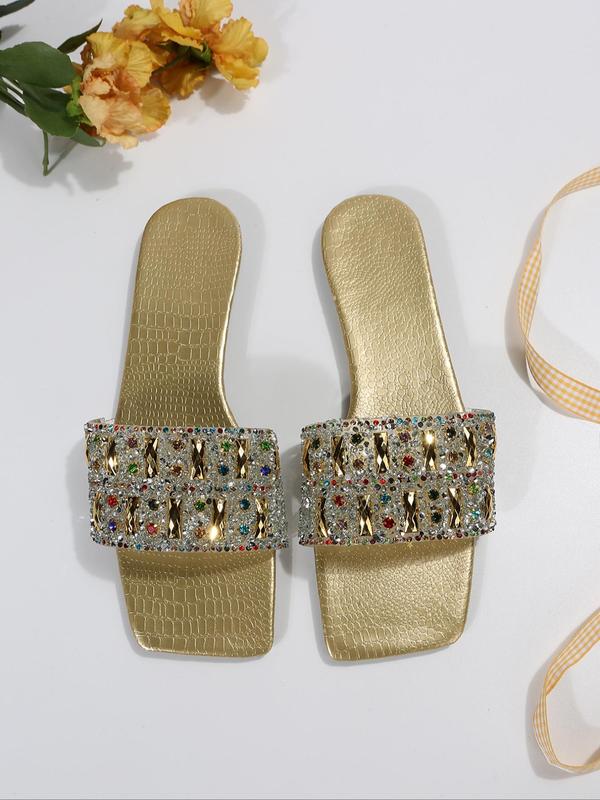 Rhinestone Decorated Flat Sandals, Elegant Square Toe Slide Sandals for Summer for Party, Trendy All-match & Exquisite Sandals for Women & Girls