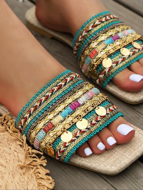 Women's Boho Style Ethnic Pattern Slip on Flat Sandals, Casual Square Toe Sandals for Summer, Luxury Designer Slide Sandals for Beach Vacation, Walking Shoes