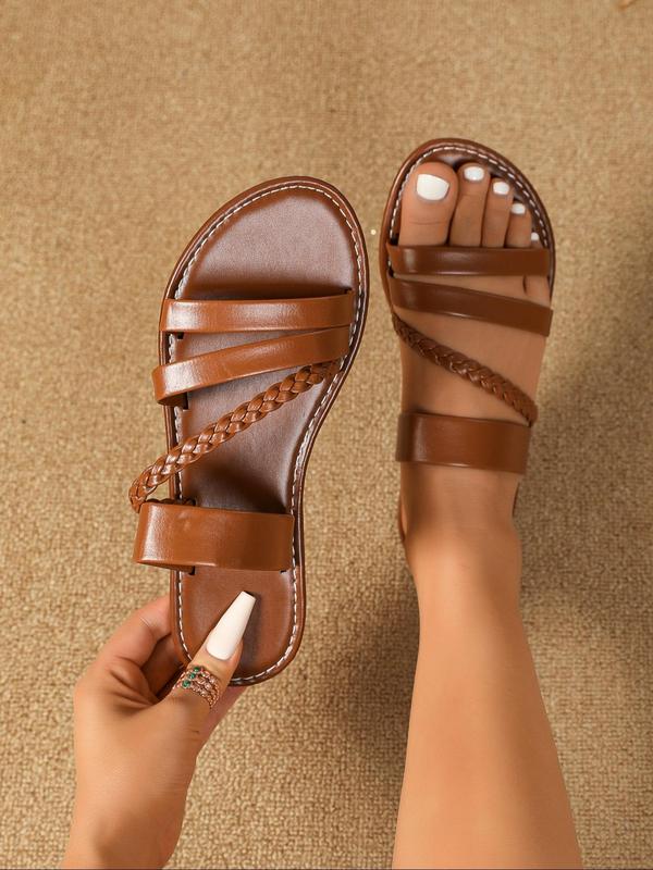 Women's New Trend Plain Color Flat Sandals, Summer 2024 Casual Woven Details Sandals for Beach Vacation, Fashionable Sandals for Daily Wear