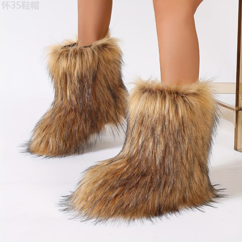 Trendy Colorful Fluffy Furry Snow Boots - Insulated Winter Thermal Slip-Ons for Ultra-Comfy All-Weather Wear - Stylish Mid Calf Flat Sole Boots for Fashion Forward Outfits Footwear Girl Women Walking Shoes Comfort Knee