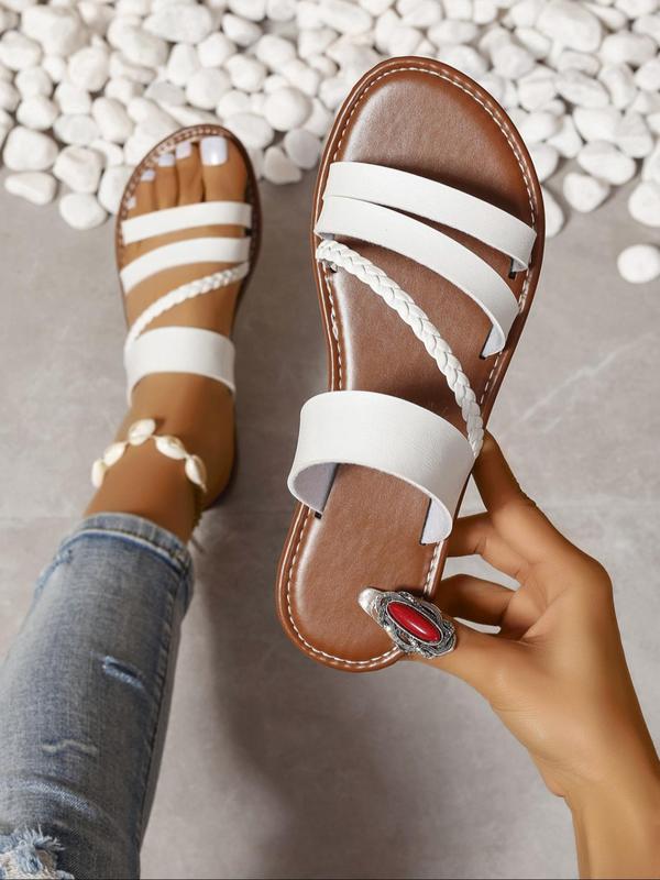 Women's New Trend Plain Color Flat Sandals, Summer 2024 Casual Woven Details Sandals for Beach Vacation, Fashionable Sandals for Daily Wear