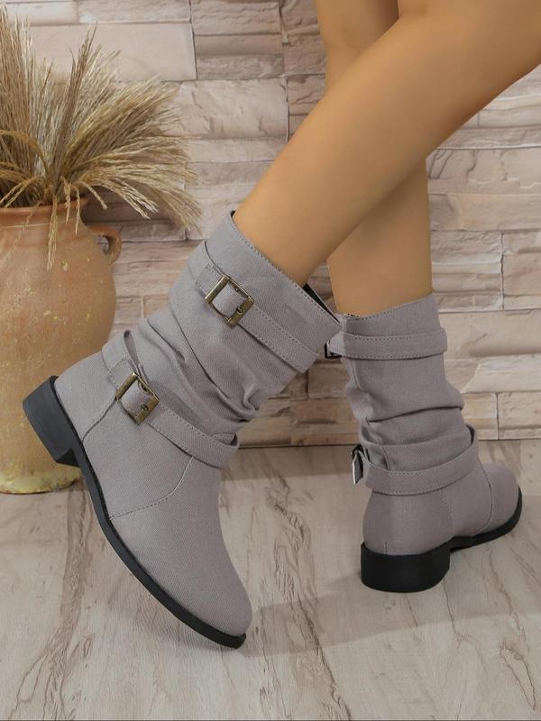 Women's Fashionable Solid Color Belted Design Boots, Casual Comfortable Round Toe Boots for Fall & Winter, Female All-match Trendy Shoes for Daily Wear