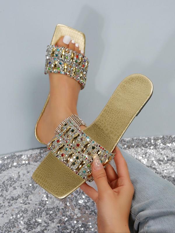 Rhinestone Decorated Flat Sandals, Elegant Square Toe Slide Sandals for Summer for Party, Trendy All-match & Exquisite Sandals for Women & Girls