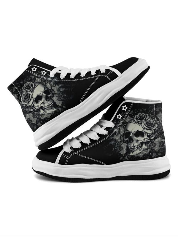 Women's Fashionable Skull Pattern Lace Up Canvas Sneakers, Casual Comfortable Mid Top Sneakers, Female All-match Round Toe Shoes for Daily Wear Halloween Party