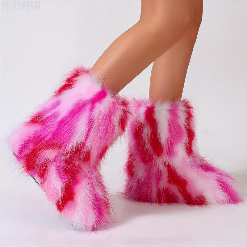 Trendy Colorful Fluffy Furry Snow Boots - Insulated Winter Thermal Slip-Ons for Ultra-Comfy All-Weather Wear - Stylish Mid Calf Flat Sole Boots for Fashion Forward Outfits Footwear Girl Women Walking Shoes Comfort Knee