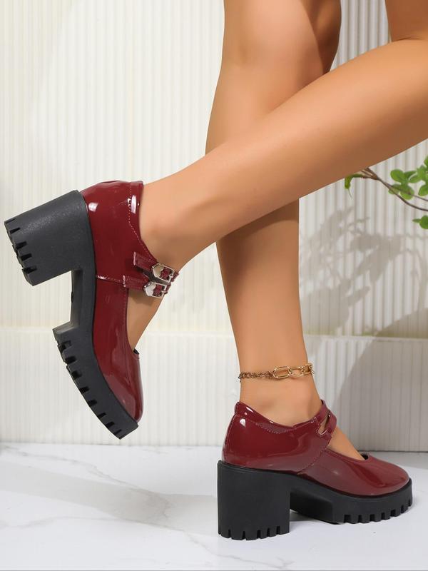 Women's Fashionable Solid Color Double Ankle Strap Platform Mary Janes Pumps, Punk Style Round Toe Chunky Heeled Mary Janes Pumps for Daily Wear