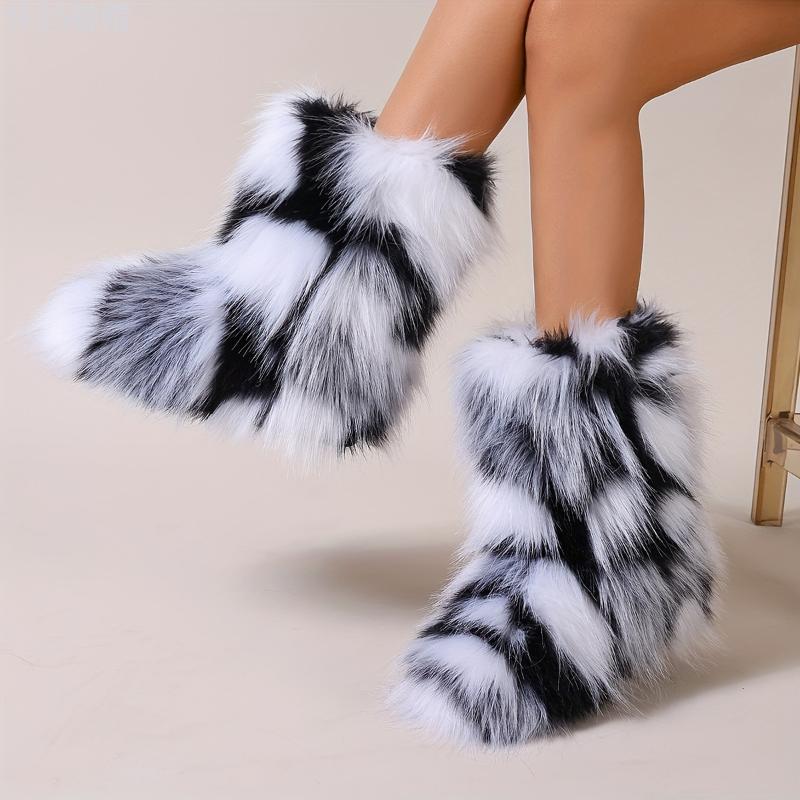 Trendy Colorful Fluffy Furry Snow Boots - Insulated Winter Thermal Slip-Ons for Ultra-Comfy All-Weather Wear - Stylish Mid Calf Flat Sole Boots for Fashion Forward Outfits Footwear Girl Women Walking Shoes Comfort Knee